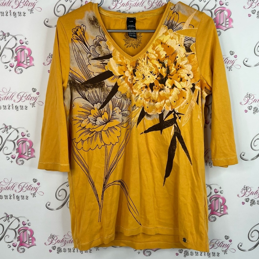 Olsen top orange Yellow Floral sequins sparkly flowers Women's Top